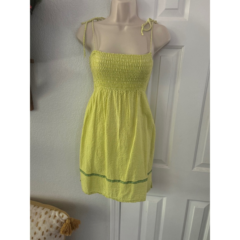 Y2K Roxy Quiksilver Lime Green Seersucker Smocked Tie Strap Mini Sun Dress Small